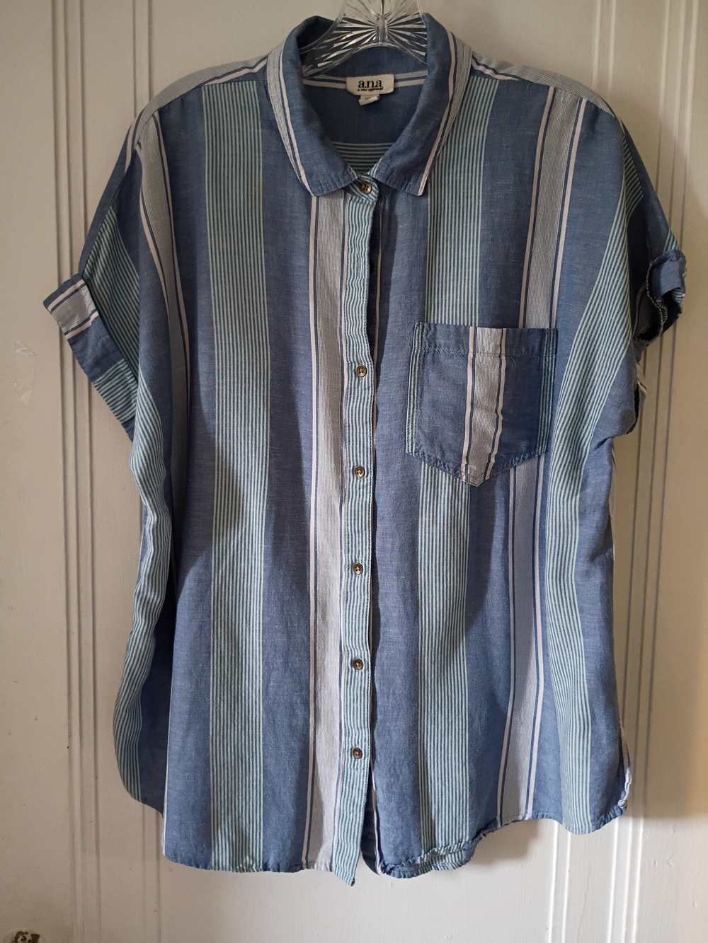 a.n.a Blue Striped Short-Sleeve Button-Up Shirt